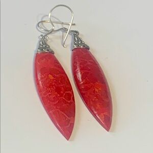 Red Italian Coral Leaf-Shaped Stone Earrings with Sterling Silver Accents 925 NW